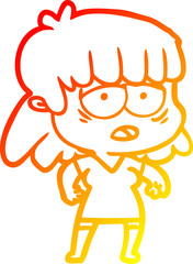 warm gradient line drawing of a cartoon tired woman