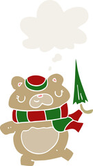 cartoon bear with umbrella with thought bubble in retro style