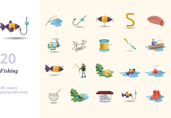 Fishing set. Creative icons: fishing rod, hook, lure, worm, maggots, fishing reel, rod pod, fishing line, ice drill, boat fishing, spearfishing, tent, fish, float, landing net, folding chair, fishing