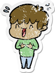 distressed sticker of a cartoon laughing boy