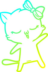 cold gradient line drawing of a cartoon cat with bow on head
