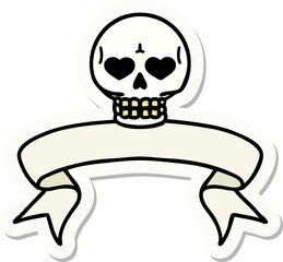 tattoo style sticker with banner of a skull