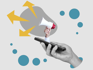 Collage Smartphone with a hand holding a megaphone. Digital marketing concept.