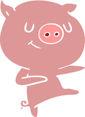 happy flat color style cartoon pig dancing