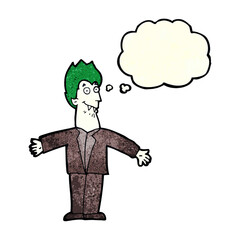 cartoon vampire man with thought bubble