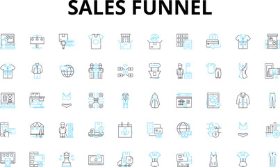 Fototapeta na wymiar Sales funnel linear icons set. Leads, Conversion, Awareness, Engagement, Retargeting, Upsell, Cross-sell vector symbols and line concept signs. Funnel,Pipeline,CTA illustration