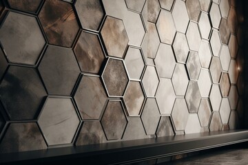 Smooth 3D wall tiles with hexagonal shapes and natural stone textures. Rendered wallpaper. Generative AI