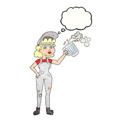 freehand drawn thought bubble textured cartoon hard working woman with beer