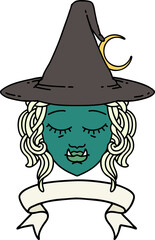 Retro Tattoo Style half orc witch character face with banner