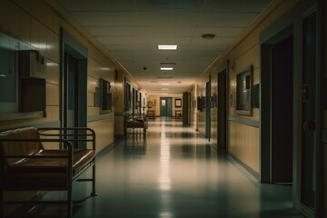Hospital hallway with dim light, unoccupied seats, and shut entrances. Generative AI
