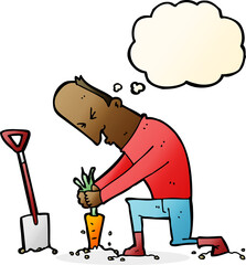 cartoon gardener with thought bubble