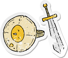 distressed sticker of a cartoon shield and sword