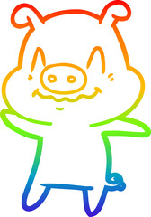 rainbow gradient line drawing of a nervous cartoon pig