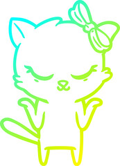 cold gradient line drawing of a cute cartoon cat with bow