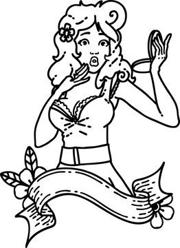 tattoo in black line style of a pinup surprised girl with banner
