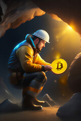 Bitcoin miner extracting bitcoin coins inside a mine (concept)(AI Generative)