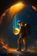 Bitcoin miner extracting bitcoin coins inside a mine (concept)(AI Generative)