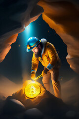 Bitcoin miner extracting bitcoin coins inside a mine (concept)(AI Generative)