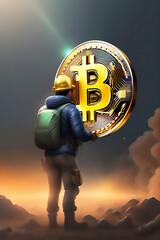 Bitcoin miner extracting bitcoin coins inside a mine (concept)(AI Generative)