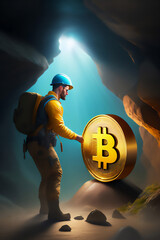 Bitcoin miner extracting bitcoin coins inside a mine (concept)(AI Generative)