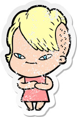 distressed sticker of a cute cartoon girl with hipster haircut