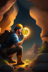 Bitcoin miner extracting bitcoin coins inside a mine (concept)(AI Generative)