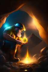 Bitcoin miner extracting bitcoin coins inside a mine (concept)(AI Generative)