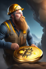 Bitcoin miner extracting bitcoin coins inside a mine (concept)(AI Generative)