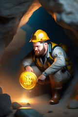 Bitcoin miner extracting bitcoin coins inside a mine (concept)(AI Generative)