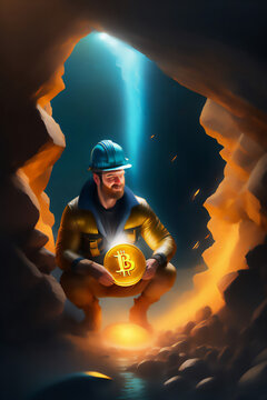 Bitcoin miner extracting bitcoin coins inside a mine (concept)(AI Generative)