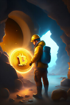 Bitcoin miner extracting bitcoin coins inside a mine (concept)(AI Generative)