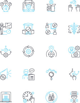 Industry sector linear icons set. anufacturing:, Fabrication, Assembly, Production, Machining, Textiles, Plastics line vector and concept signs. Metals,Robotics,Automation outline illustrations