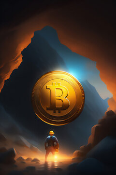 Bitcoin miner extracting bitcoin coins inside a mine (concept)(AI Generative)