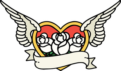 tattoo in traditional style of a flying heart with flowers and banner