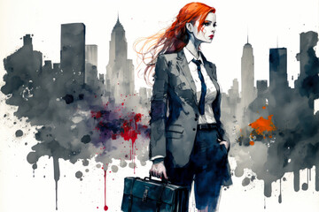 A red-haired woman, holding a briefcase, stands confidently in a city. The watercolor emphasizes the feeling of empowerment and breaking convention. Generative AI
