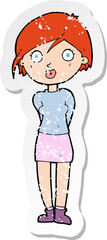 retro distressed sticker of a cartoon surprised girl