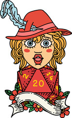 Retro Tattoo Style human bard with natural 20 dice roll