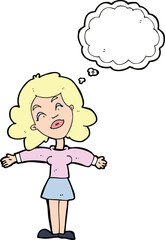 cartoon woman with open arms with thought bubble