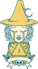 Retro Tattoo Style crying elf mage character with natural one dice roll