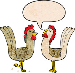 cartoon chickens with speech bubble in retro texture style