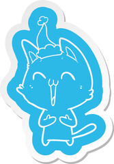 happy quirky cartoon  sticker of a cat wearing santa hat