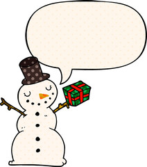 cartoon snowman with speech bubble in comic book style