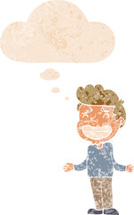 cartoon boy shrugging with thought bubble in grunge distressed retro textured style