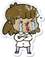 distressed sticker of a cartoon woman in tears