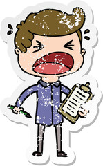 distressed sticker of a cartoon shouting salesman