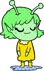 smiling alien girl cartoon in wet weather