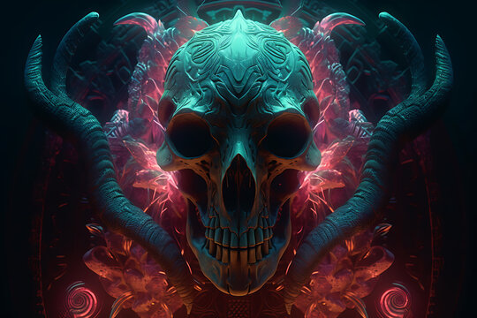 Savanas the god of death, skull and crossbones, Fluorescent Dreamy Mystical colorful glowing fantasy world Imagination of start of mind, generative ai