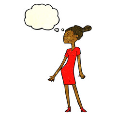 cartoon woman in dress with thought bubble