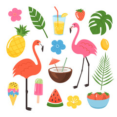 Collections items for tropical party. Flamingo, Lemonade, Fruit and Tropical Leaves. Summer holiday and Exotic object food, beverage. Vector flat colored illustration set