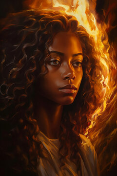 Black woman on burning fire, generative ai